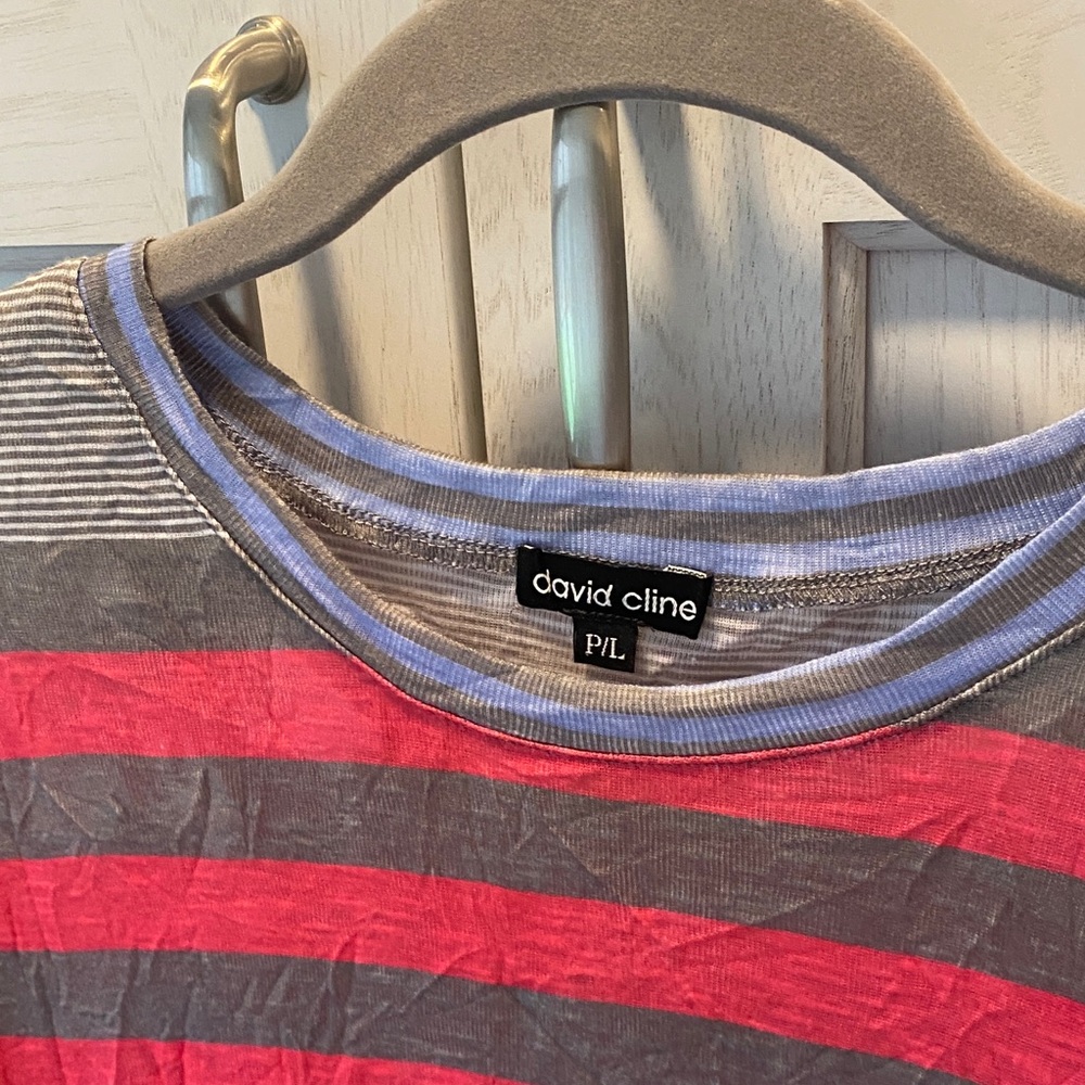 NWOT David Cline Red and Gray Striped Tee with Lavender Trim